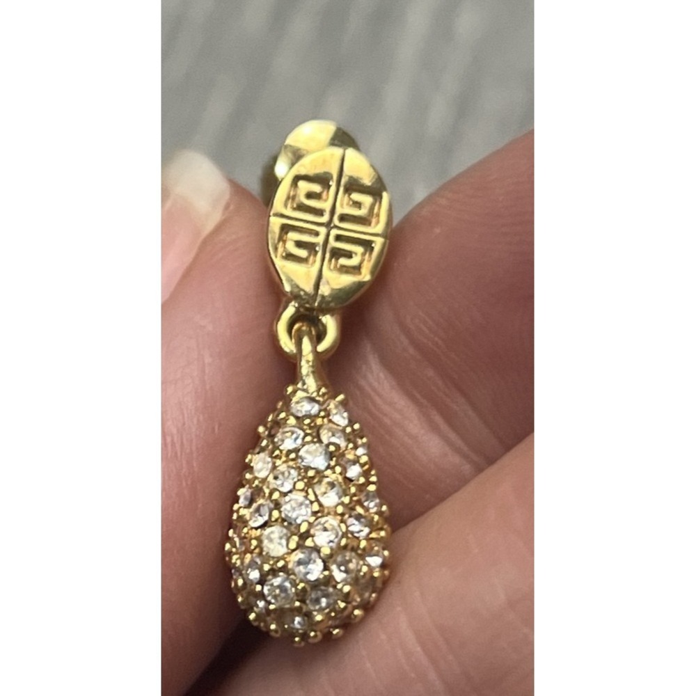 Givenchy Gold Tone 4G Logo Clip-On Earrings Pave Clear Rhinestone Teardrop - Picture 7 of 10